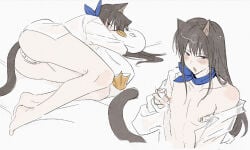 ascot ass bandaid_on_pussy bandaids_on_nipples big_ass black_hair blush bottomless cat_ears cat_tail catboy cuntboy cuntboy_only diaoyemao dress_shirt elizabeth_(gintama) gintama intersex katsura_kotarou kemonomimi long-haired_cuntboy long_hair looking_at_viewer maebari mti_crossgender neckerchief on_side open_shirt pale-skinned_cuntboy pale_skin plushie scarf solo