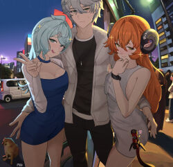 1boy 2girls artist_name big_breasts color drawing dress fat_ass fico holding horny_female long_hair meme meme_reference mihoyo nervous orphie_magnusson peace_sign seed_(zenless_zone_zero) sfw short_hair smiling taller_male thick_thighs tongue tongue_out wise_(zenless_zone_zero) zenless_zone_zero