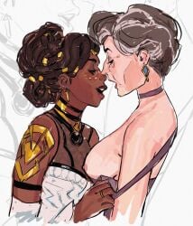 2girls age_difference arcane areolae assisted_exposure breasts cassandra_kiramann clothing_pull cookieduh_(edit) dark-skinned_female dark_skin dreadlocks earrings ebony edit edited_by_uploader eyes_closed female_only gilf grey_hair hair_ornament hygienic_cat imminent_kiss jewelry league_of_legends mel_medarda multiple_girls naked_breasts nipples old old_and_young old_woman_yuri older_female open_mouth removing_clothing sideboob smile smiling undressing yuri