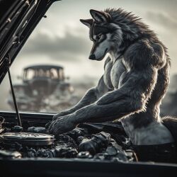 1boy anthro anthro_wolf car dirty male male_only mechanic solo solo_male working