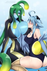 2girls ahoge areolae_slip artist_name big_butt bird_feet bird_legs blue_hair blushing breasts_bigger_than_head feathered_wings feathers female fully_clothed green_eyes harpy head_pat holding_breast large_breasts leotard lindaroze medium_breasts monster_musume_no_iru_nichijou papi_(monster_musume) red_eyes slime slime_hair slime_monster staring_at_another staring_at_partner suu_(monster_musume) winged_arms yuri