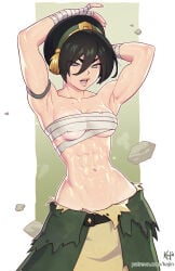 1girls 2026 2d 2d_(artwork) abs alternate_version_available armpits arms_up artist_name avatar_the_last_airbender binding black_hair blind blind_female buff clothed clothing detailed_armpit earth_bending female female_only fit fit_female green_background grey_eyes human human_only kajinman large_breasts medium_breasts patreon post-timeskip powers questionable scars simple_background solo solo_female sports_tape sweat sweaty terrakinesis the_legend_of_aang toned toned_female toph_bei_fong white_border