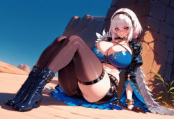 1girl 1girls ai_generated arm_support asymmetrical_legwear azur_lane balecxi belt black_footwear black_gloves black_hairband black_jacket black_shorts blue_bra blue_sky blush boots bracelet breasts cape choker cleavage clothing crop_top curvaceous curvaceous_female curvaceous_figure curvy curvy_figure day desert feather_boa female female_focus footwear full_body gloves hair_between_eyes hairband half_gloves high_heel_boots high_heels huge_breasts inviting inviting_to_sex jacket jewelry large_breasts leather legwear long_sleeves looking_at_viewer micro_shorts midriff navel official_alternate_costume outdoors pantyhose plant presenting presenting_ass presenting_breasts presenting_hindquarters presenting_pussy presenting_self puffy_sleeves red_eyes seductive seductive_look seductive_smile short_hair short_shorts shorts shrug_(clothing) single_leg_pantyhose single_thighhigh sirius_(azur_lane) sitting skindentation skirt sky solo thick_thighs thigh_strap thighhighs thighs uneven_legwear voluptuous voluptuous_female white_hair