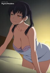1girl breasts black_hair solo twintails cleavage underwear bra patreon_username smile large_breasts pink_bra collarbone bare_shoulders looking_to_the_side bed naked_towel all_fours orange_eyes yellow_eyes closed_mouth towel on_bed long_hair ai_generated anime anime_style hentai hi_res mystic_maidens patreon kotatsu_tamaki tamaki_kotatsu fire_force enen_no_shouboutai en'en_no_shouboutai
