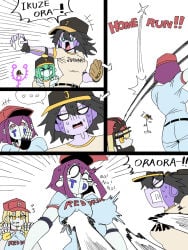 5girls abuse atum_(jjba) baseball baseball_(ball) baseball_bat baseball_cap baseball_glove baseball_uniform black_hair blonde_hair breast_punch breasts_punch dark_teal_eyes gold_eyes green_hair hermit_purple hierophant_green jojo's_bizarre_adventure large_breasts mannungei pink_eyes punch punching purple_hair rule_63 star_platinum stardust_crusaders sweat the_world violence