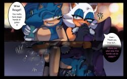 absurd_res anthro bat bedroom_eyes black_gloves blush bodily_fluids clothing dialogue dominant dominant_female dress duo eulipotyphlan evening_gloves eyeshadow female genital_fluids gloved_handjob gloves hand_on_penis handjob handjob_with_gloves handwear hedgehog hi_res holding_penis honduran_white_bat leaf-nosed_bat lipstick makeup male male/female male_penetrated mammal microbat narrowed_eyes oninsfw rouge_the_bat seductive sega sonic_the_hedgehog sonic_the_hedgehog_(series) speech_bubble strapon submissive submissive_male touching_penis yangochiropteran