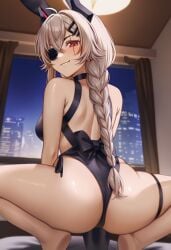 arikea ai_generated vtuber vtuberfanart saruei_(vtuber) indoors long_hair tied_hair white_hair red_eyes eye_patch scar scar_across_eye glasses squatting spread_legs viewed_from_below viewed_from_behind ass_focus looking_back looking_at_viewer blush blushing smiling smile