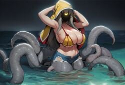 paigen ai_generated original original_character nyota_(paigen) monster_girl 1girls female breasts horror horror_(theme) clothed grey_hair long_hair cyclops cosmic_horror yellow_eye glowing_eye grey_skin tentacle tentacles huge_breasts no_face tentacle_monster tentacle_creature beach sand water ocean clothes clothing swimsuit bikini shorts denim_shorts daisy_dukes towel