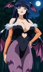 1girls ai_generated aoki_reika bangs bat_wings big_breasts blue_eyes blue_hair blunt_bangs breasts cleavage cosplay darkstalkers female female_only forest head_wings hime_cut huge large large_breasts long_hair looking_at_viewer moon morrigan_aensland_(cosplay) nature night pixai pixiv precure pretty_cure reika_aoki skimpy_clothes smile smile_precure solo standing wings woods