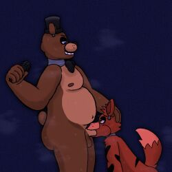 animatronic anonymous_artist anthro balls bear bodily_fluids bow_tie butt canid canine electronics fellatio five_nights_at_freddy's fox foxy_(fnaf) freddy_(fnaf) genitals hand_behind_head hand_on_head hi_res machine male male/male mammal microphone musk musk_cloud musky_balls musky_butt musky_penis oral overweight overweight_male penile robot scottgames sex standing sweat sweaty_balls sweaty_body sweaty_butt sweaty_genitalia sweaty_legs sweaty_thighs
