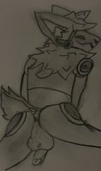 anthro bactatank balls butt cy_(bactatank) genitals graphite_(artwork) hi_res machine male paper presenting presenting_hindquarters protogen solo traditional_media_(artwork)