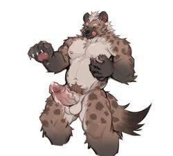 anthro balls barazoku black_body black_fur black_nose bodily_fluids brown_body brown_fur circumcised claws cum cum_drip cum_on_balls dripping erection fur genital_fluids genitals glans hair hi_res humanoid_genitalia humanoid_penis hyena licking licking_lips male mammal markings multicolored_body multicolored_fur muscular muscular_male navel nipples nude nude_male pawpads pecs penis pink_pawpads pubes simple_background solo spots spotted_body tail tan_body tan_fur tongue tongue_out trenza tuft vein veiny_penis white_background yellow_eyes