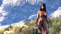 3d 3dcg amazonian_(remyras) beautiful_female bikini brown_bikini brown_hair_female cleavage dark-skinned_female edited_screencap emotionless emotionless_female expressionless game_cg game_mod grand_theft_auto grand_theft_auto_v huge_breasts indifferent leaning_to_the_side long_hair_female low_resolution lowres mature_female navel remyras rockstar_editor uncaring uncaring_female