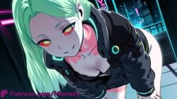 1girl ai_generated artificial_eye artist_name bent_over black_bra black_hairband black_jacket black_panties bra breasts cleavage collarbone colored_sclera colored_skin cyberpunk_(series) cyberpunk_edgerunners cyborg downblouse dutch_angle green_eyes green_hair grin headgear jacket leg_tattoo long_hair long_sleeves looking_at_viewer mechanical_eye mechanical_hands mionety neck_tattoo night no_pants panties parted_bangs partially_unzipped patreon_logo patreon_username petite rebecca_(cyberpunk) rebecca_(edgerunners) red_eyes red_pupils red_sclera samurai_jacket_(cyberpunk) small_breasts smile solo stomach_tattoo tattoo teeth thighs tile_floor twintails underwear white_skin