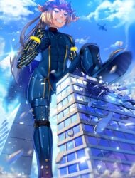 bel_(beltorchika12) beltorchika12 blonde_hair blonde_male blue_bodysuit blue_eyes bodysuit destruction genderswap genderswap_(ftm) giant giant_male ginjiro_(ginziro525) gold_lines headpiece heeled_boots helmet light-skinned_male light_skin light_skinned_male macro_male male male_focus ponytail rule_63 skeb_commission steel_toe_boot toned toned_male twink