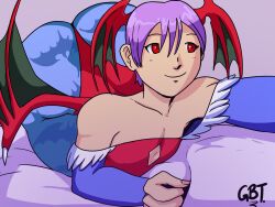 goodboytrash lilith_aensland darkstalkers capcom 1girls ass ass_focus ass_up big_ass flat_chest purple_hair red_eyes bent_over leotard leggings selfie wings smile solo solo_female solo_focus female female_only female_focus armwear bed huge_ass succubus thick_thighs thick_ass thick