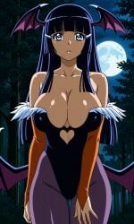 1girls ai_generated aoki_reika bangs bat_wings big_breasts blue_eyes blue_hair blunt_bangs breasts cleavage cosplay darkstalkers female female_only forest head_wings hime_cut large large_breasts long_hair looking_at_viewer moon morrigan_aensland_(cosplay) nature night pixai pixiv precure pretty_cure reika_aoki skimpy_clothes smile_precure solo standing wings woods