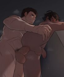 2boys abs anal anal_penetration anal_sex artist_name balls big_penis black_hair blush brown_hair chocolate_and_vanilla completely_nude couple couple_(romantic) dark-skinned_femboy dark-skinned_male dark-skinned_sissy dark-skinned_sub dark-skinned_twink dark_skin erect_penis erection femboy femboysub flaccid flaccid_while_penetrated from_behind_position gay gay_anal gay_domination gay_sex hantasan_(toumator18) horny interracial leg_lift leg_up light-skinned_male light_skin male male/male male_only male_penetrated male_penetrating male_penetrating_male muscular muscular_male nude nude_male oc original_character original_characters pecs penis_size_difference pleasure_face precum precum_drip rough_sex scar scars scars_all_over standing standing_on_one_leg standing_sex suladkun_(toumator18) sweat sweatdrop sweating sweaty_body sweaty_butt thick_penis thigh_grab thighs toumator18 veiny_penis white_is_bigger yaoi