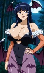 1girls solo breasts large cleavage aoki_reika bangs bat_wings big_breasts blue_eyes blue_hair blunt_bangs cosplay darkstalkers female female_only head_wings hime_cut large_breasts long_hair huge looking_at_viewer morrigan_aensland_(cosplay) pixiv precure pretty_cure reika_aoki skimpy_clothes smile_precure standing wings night moon forest woods nature pixai ai_generated smile