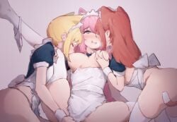 3girls all_fours animal_ear_fluff animal_ears apron ass back_bow black_shirt blonde_hair blue_eyes blush bocchi_the_rock! bow breast_sucking breasts breasts_out cat_ears cat_girl cat_tail chinese_commentary closed_eyes commentary deep_skin drooling extra_ears female_only fff_threesome fingering frilled_apron frills girl_sandwich gotoh_hitori gotou_hitori grabbing_another's_breast grey_background groping group_sex hair_between_eyes happy_sex heart heart-shaped_pupils ijichi_nijika kemonomimi_mode kita_ikuyo large_breasts lesbian lesbian_sex lesbian_threesome long_hair lying maid maid_apron maid_headdress mouth_drool multiple_girls nipples no_panties official_alternate_costume on_back one_side_up open_mouth out-of-frame_censoring pink_hair puffy_short_sleeves puffy_sleeves red_hair saliva sandwiched shirt short_sleeves sidelocks simple_background skindentation smile spread_legs symbol-shaped_pupils tail thighhighs thighs threesome weapon white_bow white_thighhighs white_wrist_cuffs wrist_cuffs xian_ovo yuri