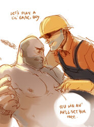 2boys 2d chains clothed emzy engineer engineer_(team_fortress_2) english_text heavy_weapons_guy human human_male human_only male male_only naked restrained talking team_fortress_2 text yaoi