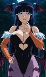 1girls solo breasts large cleavage aoki_reika bangs bat_wings big_breasts blue_eyes blue_hair blunt_bangs cosplay darkstalkers female female_only head_wings hime_cut large_breasts long_hair huge looking_at_viewer morrigan_aensland_(cosplay) pixiv precure pretty_cure reika_aoki skimpy_clothes smile_precure standing wings night moon forest woods nature pixai ai_generated smile