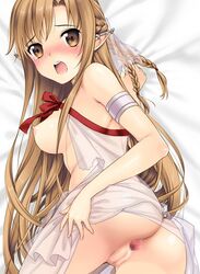 1girls :o alfheim_online anus ass blush braid breasts brown_eyes brown_hair censored dress ear_covers elf female long_hair looking_back lying mosaic_censoring nipples pointy_ears pussy ribbon solo sword_art_online sword_art_online:_fairy_dance titania_(sao) uk-works yuuki_asuna