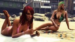 remyras grand_theft_auto_online grand_theft_auto_v grand_theft_auto absurd_res highres 3d 3dcg game_cg edited_screencap rockstar_editor unnamed_character gta_pedestrians beautiful_females bikini black_bikini pink_bikini barefoot bare_shoulders collarbone red_hair blonde_hair femsub expressionless emotionless_female emotionless unbothered beachside