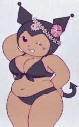 1girls 2026 2d black_bra black_panties bra breasts chubby chubby_female dark-skinned_female dark_skin female female_only flower flower_on_head heart kookilooheavon kuromi looking_at_viewer onegai_my_melody panties plain_background pose posing sanrio solo solo_female tail thighs twitter_link underwear white_background wink winking_at_viewer