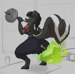 absurd_res anthro arm_tattoo barbell barbell_squats black_hair bodily_fluids clothing crouching daukus exercise fart fart_fetish female green_eyes hair hi_res highlights_(coloring) leggings legwear looking_at_viewer looking_back looking_back_at_viewer mammal markings mephitid musk raised_tail shirt skunk solo striped_markings striped_tail stripes sweat tail tail_markings tank_top tattoo topwear weightlifting white_highlights workout
