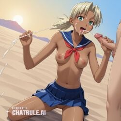 1girl 1girl1boy 3d_render 4k ai_assisted ai_generated blonde_hair blue_skirt blush_stickers cock_worship cowboy_shot creamy_pussy dark_skin dark_skinned_female desert dutch_angle exposed_breasts exposed_nipples facial facial_cumshot green_eyes handjob kneeling legs_spread looking_at_viewer love_hina midriff navel nude oiled_skin open_mouth outdoors pleasure pleated_skirt ponytail realistic school_uniform serafuku showing_nipples showing_pussy skirt source_anime sunset swallowing_cum top_pulled_up