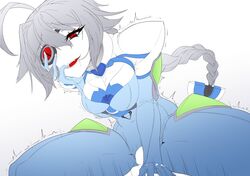 1boy 1girls ahoge arc_system_works blazblue braid drooling eye_patch grey_hair male_pov nu-13 pov red_eyes straddling vaginal_penetration vermillion_dice yandere