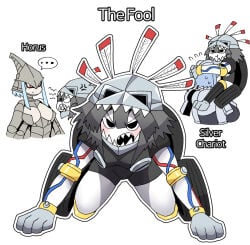 3girls angry black_eyes blue_hair blush boots clinging genderswap genderswap_(mtf) gloves grabbing_face grey_hair horus_(jjba) hugging humanized jojo's_bizarre_adventure mannungei mtf_crossgender on_all_fours paws pink_eyes rule_63 sharp_teeth silver_chariot silver_hair smaller_female stand_(jjba) stardust_crusaders tagme the_fool_(jjba) wheel wheels