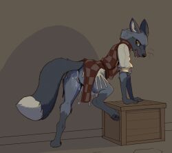 after_sex annoyed anthro barefoot bodily_fluids bottomless canid canine clothed clothing cum cum_in_ass cum_in_vagina cum_inside digitigrade dipstick_tail feet female fox fur garbagegarage genital_fluids grey_body grey_fur leaking_cum leaning_on_crate mammal markings medieval_clothing open_mouth paws red_fox silver_fox solo standing tail tail_markings true_fox white_tail_tip
