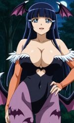 1girls ai_generated aoki_reika bangs bat_wings big_breasts blue_eyes blue_hair blunt_bangs breasts cleavage cosplay darkstalkers female female_only forest head_wings hime_cut huge large large_breasts long_hair looking_at_viewer moon morrigan_aensland_(cosplay) nature night pixai pixiv precure pretty_cure reika_aoki skimpy_clothes smile smile_precure solo standing wings woods