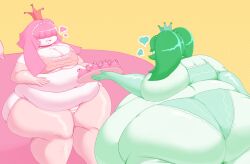 2018_easter_candy_contest 2girls 4chan ass bangs bangs_over_eyes belly belly_overhang breasts cleavage crown elbow_sleeve fat female female_focus female_only green_body green_hair hair_covering_eyes hair_over_eyes heart heart_symbol hearts hips hyper hyper_ass large_ass large_breasts mini_princess overweight overweight_female panties peep_princess peeps pink_body pink_hair princess shweetmagnet stockings stomach striped_panties thick_thighs thighs twintails underboob underwear weight_gain wide_hips