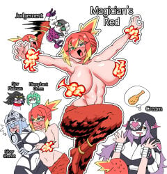 6girls abs armor black_hair black_sclera blush blushing bracelet bracelets chicken_(food) cream_(jjba) drooling fire fur green_eyes green_hair hierophant_green hungry jojo's_bizarre_adventure judgement_(jjba) large_ass large_breasts magician's_red mannungei pants purple_hair red_hair red_scarf ripped_clothing rule_63 shirtless silver_chariot silver_hair snaggle_tooth star_platinum stardust_crusaders thick_thighs topless yellow_eyes yellow_highlights yuri