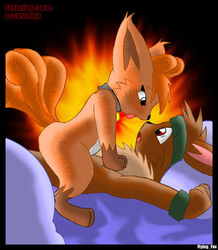 bed brown_fur collar color cowgirl_position cute_fang eevee eye_contact female flying_fox fur furry furry_ears furry_only furry_tail green_eyes headband interspecies looking_at_another male multiple_tails nintendo nude open_eyes open_mouth pillow pointy_ears pokemon pokemon_(species) raised_tail red_eyes red_fur sex side_view straddle straight straight_hair tail uncensored vaginal_penetration vulpix