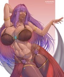 kuromoro solo dancer abs blue_eyes harem_outfit huge_breasts long_hair cleavage dark_skin dark-skinned_female purple_hair veil lips gem navel original pantyhose