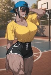 uersor valery_(uersor) tomboy tomboyish tomboy_milf milf latina latina_female latina_milf ai_generated ai ai_art ai-created deviantart_link female female_only female_focus solo solo_female mature_female 1girls 1girl large_breasts big_breasts breasts wide_hips hips thick_thighs thighs thin_waist cowboy_shot curvy curvy_figure curvy_female curvy_body muscular muscular_female shiny_skin dark_skin dark-skinned_female brown_skin brown-skinned_female tan-skinned_female tanned_skin tanned-skinned_female short_hair pixie_cut hair_between_eyes sidelocks messy_hair black_hair streaked_hair looking_at_viewer looking_to_the_side yellow_eyes depth_of_field outdoors evening basketball_court trees tree scar scars scars_all_over scar_on_neck scars_on_chest scar_on_chest scar_on_arm scars_on_arm scar_on_leg scars_on_legs eyelashes long_eyelashes black_eyelashes black_eyeliner eyeliner eyelids half-closed_eyes bra_strap black_bra yellow_t-shirt t-shirt v-neck cleavage dolphin_shorts black_shorts shorts collarbone baseball_cap blue_cap backwards_cap backwards_hat arm_behind_head hand_behind_head shirt yellow_shirt shirt_tucked_in arm_behind_back arm_up standing