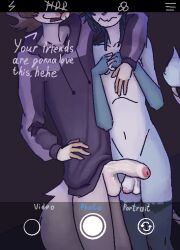 anthro balls big_penis blue_body blue_fur clothed clothing comparing comparing_penis duo embarrassed exhibitionism felid feline flashing frosh fur genitals hi_res hoodie humiliation lev levsychev male male/male mammal nude partially_clothed penis penis_humiliation penis_size_difference photo posing_for_picture public public_nudity questionable_consent selfie shy small_penis smug taking_picture taking_selfie text topwear white_body white_fur