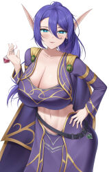 lazb. elf large_breasts long_hair solo female_only pointy_ears blue_eyes purple_hair cleavage navel smile belt crop_top cape midriff low_neckline flask shirt sidelocks original