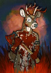 anthro axe balls blood bodily_fluids deer flaccid genitals gore hi_res male mammal nude penis solo squeakygears tattoo