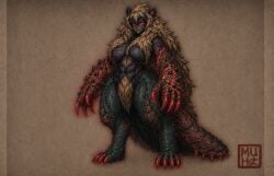ai_edit ai_editing ai_generated anthro apex_arzuros big_breasts breasts claws darker female full_body fur glowing_eyes goss_harag grok_edit mane monster_girl monster_hunter monster_hunter_rise muhut muscular_female red_glow scalie scars solo spikes tail thick_thighs