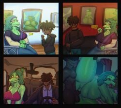 absurd_res anthro baryonyx belly big_breasts blush bodily_fluids breasts cavemanon_studios comic crying dark-skinned_male dark_body dark_skin dinosaur duo exhibit female freckled_breasts freckled_face freckled_legs freckles genitals green_body green_hair hair hair_over_eyes hi_res i_wani_hug_that_gator! kenonsfw male male/female mammal nipples olivia_halford penetration penile penile_penetration penis penis_in_vagina prehistoric_species reptile saurischian scalie sex spinosaurid spread_legs spreading tears theropod time_lapse time_period time_skip tongue tongue_out vaginal vaginal_penetration vehicle wheelchair yellow_eyes