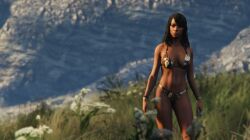 3d 3dcg amazonian_(remyras) beautiful_female bikini brown_bikini brown_hair_female cleavage dark-skinned_female emotionless emotionless_female expressionless game_cg game_mod grand_theft_auto grand_theft_auto_v huge_breasts indifferent leaning_to_the_side long_hair_female low_resolution lowres mature_female navel remyras rockstar_editor uncaring uncaring_female