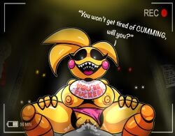 animatronic animatronic_female assertive_female bad_end bib big_breasts blush_stickers camera_overlay cowgirl_position cum_in_pussy cum_inside dialogue dominant_female femdom five_nights_at_freddy's five_nights_at_freddy's_2 five_nights_at_frickbears game_over glowing_eyes hands_on_thighs megaexo multiple_eyes nipples office paper_pals pov recording rules shiny smile sound_effects straight teeth text toy_chica_(fnaf) vaginal_penetration