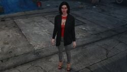 molly_schultz grand_theft_auto_v grand_theft_auto alternate_outfit dionys_ramirez earrings blue_eyes indifferent emotionless emotionless_female unbothered uncaring_female uncaring female_only female_focus solo_female grey_leggings leggings black_hair_female short_hair_female mature_female beautiful_female red_lipstick necklace huge_breasts cleavage red_high_heels high_heels gothic black_fingernails absurd_res absurdres 3dcg 3d game_mod game_cg source_request