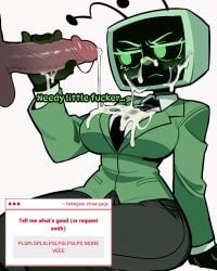 1boy 1girl 4:5 ai_generated annoyed annoyed_expression annoyed_female big_breasts black_pants blush blush_lines clothed cum_on_breasts cum_on_face curvy curvy_figure dandy's_world dandys_world dialogue dick duo falsegate fully_clothed green_eyes green_suit handjob penis_in_front_of_face roblox simple_background strawpage strawpage_request suit television_head thick_thighs tie vee_(dandy's_world) veiny_penis white_background