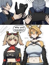 1boy 2girls anime anime_girl anime_style aroused aroused_face aroused_female belly_button blush blushing booty_shorts breasts burnice_white cat cat_ears catgirl crop_top dorahdew embarrassed embarrassed_expression embarrassed_female furry furry_female furry_only gloves green_eyes hotpants jacket large_breasts looking_at_viewer mask midriff ponytail proxy_(zenless_zone_zero) pulchra_(zenless_zone_zero) pulchra_fellini short_shorts shorts simple_background solo solo_female spread_legs thick_thighs wide_hips zenless_zone_zero